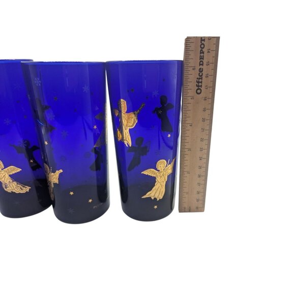 VTG Set 4 Cobalt Blue Cherub Culver Drinking Glass Tom Collins Barware 22K Gold - Picture 10 of 10